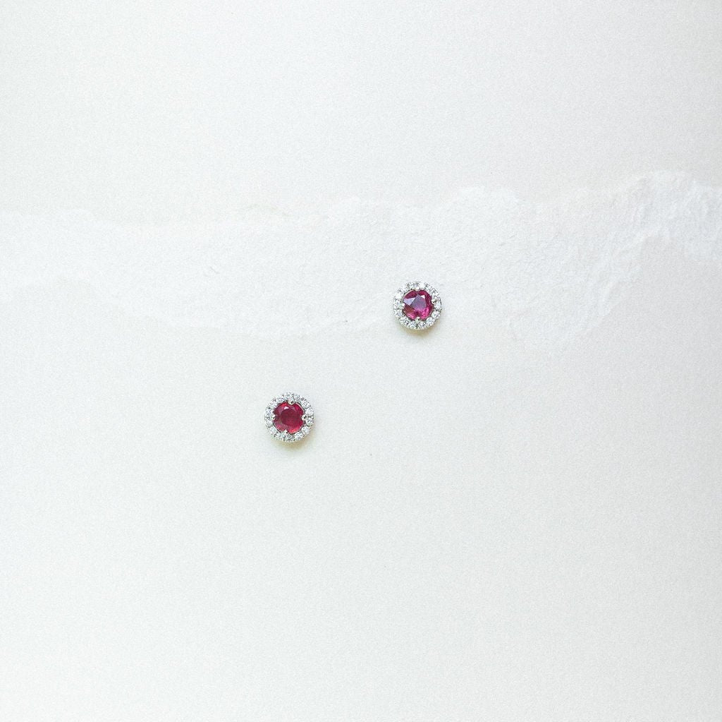 RUBY EARRINGS WITH DIAMOND HALO MOUNTED IN 14K WHITE GOLD